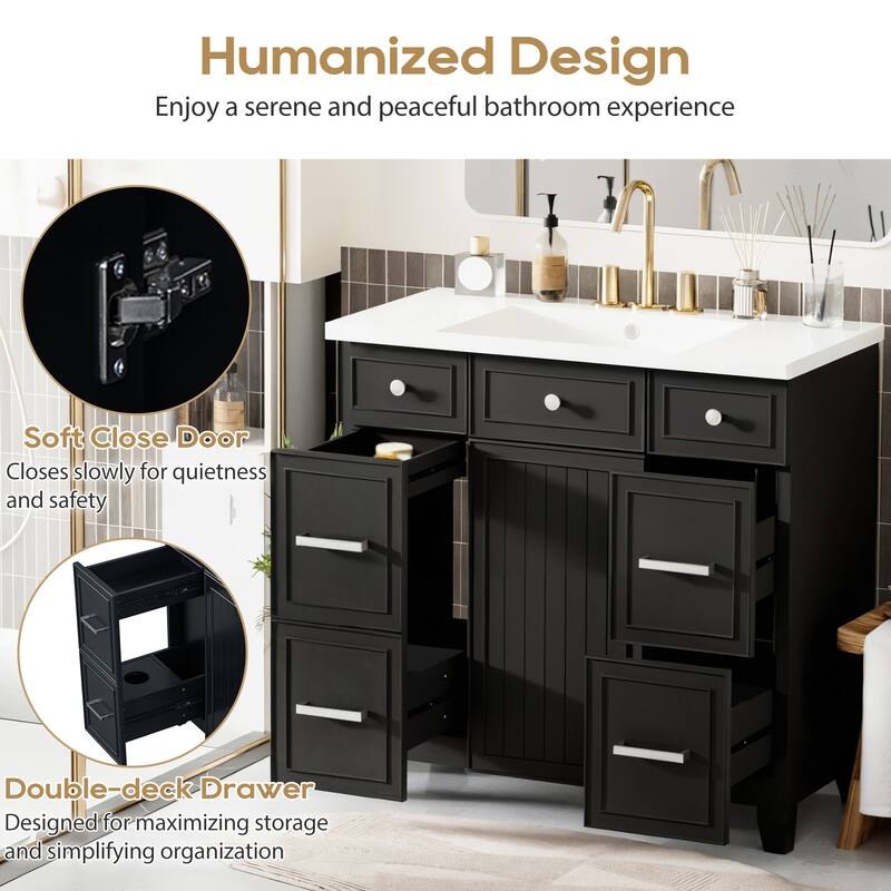 Modern 36-Inch Free-Standing Vanity with Single Sink, Storage Drawers & Adjustable Shelf
