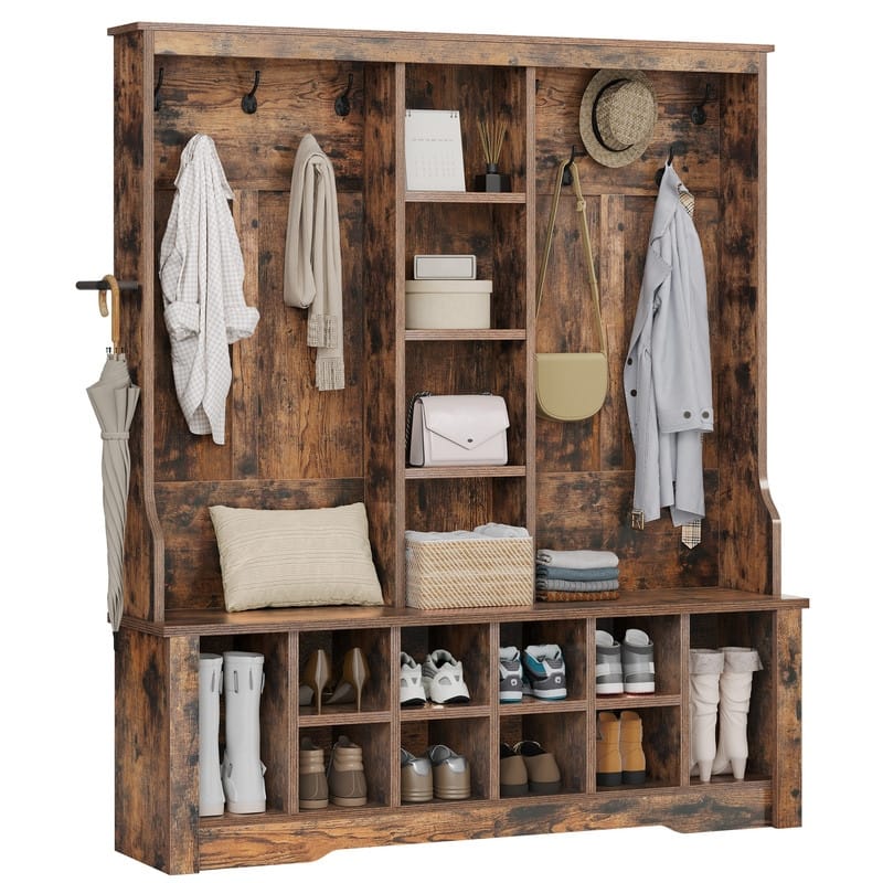 Moasis 59"/39"W Farmhouse Hall Tree Adjustable Shelf Coat Rack with Shoe Storage Bench for Entryway - Brown/59"W