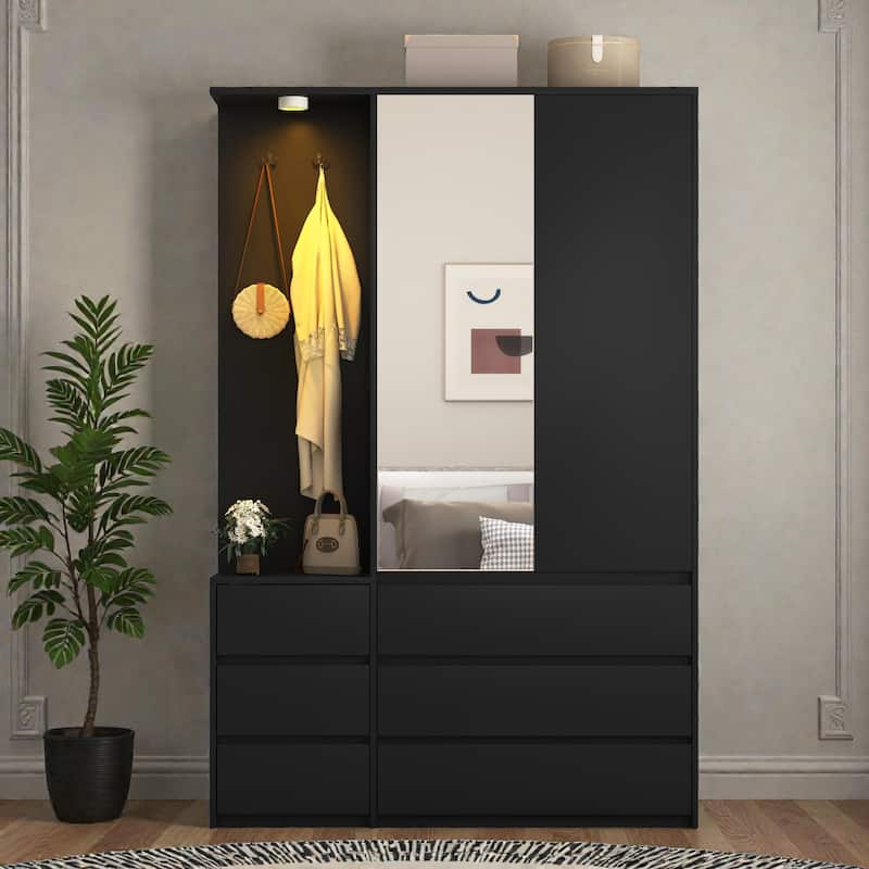 71.7 Inch Wooden Wardrobe Closet with 3 Doors and 2 Drawers, Modern Bedroom Storage Cabinet with Hanging Rail - Black