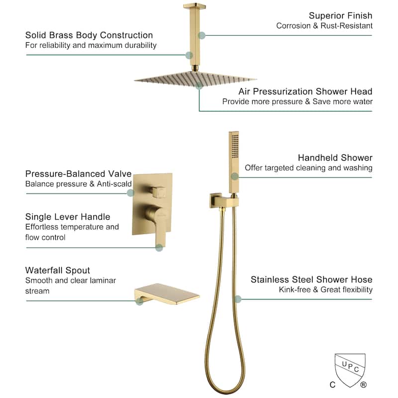 Ceiling Mount Shower Faucet and Tub Faucet with 10 inch Fixed Shower Head
