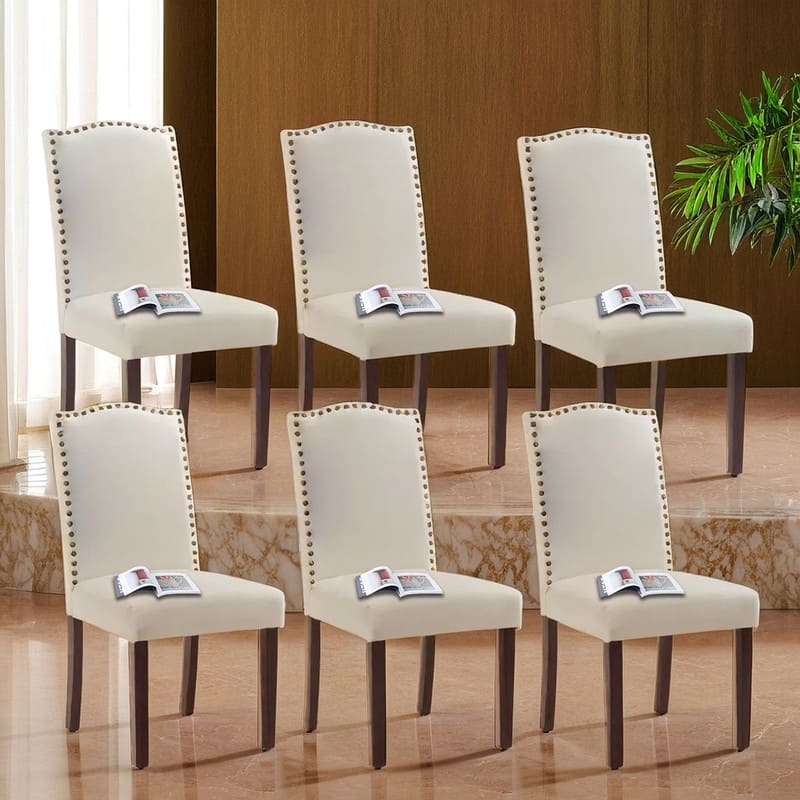 Dining Chairs With Upholstered Fabric - Set of 6 - Beige Linen