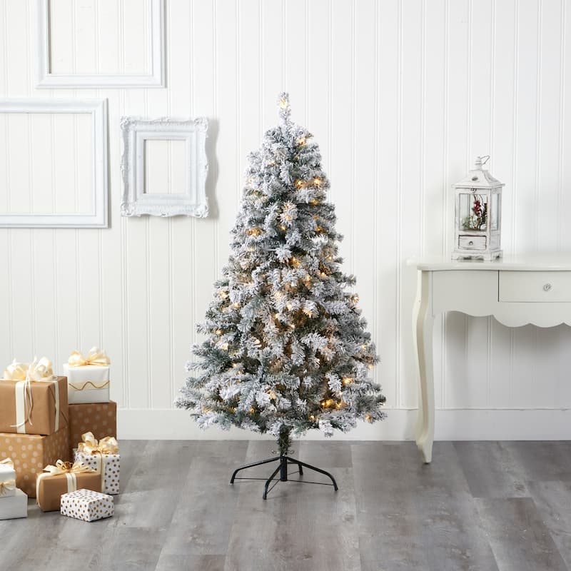 5ft. Flocked Spruce Artificial Christmas Tree with 150 Clear LED Lights - Snowy Holiday X-Mas Glow