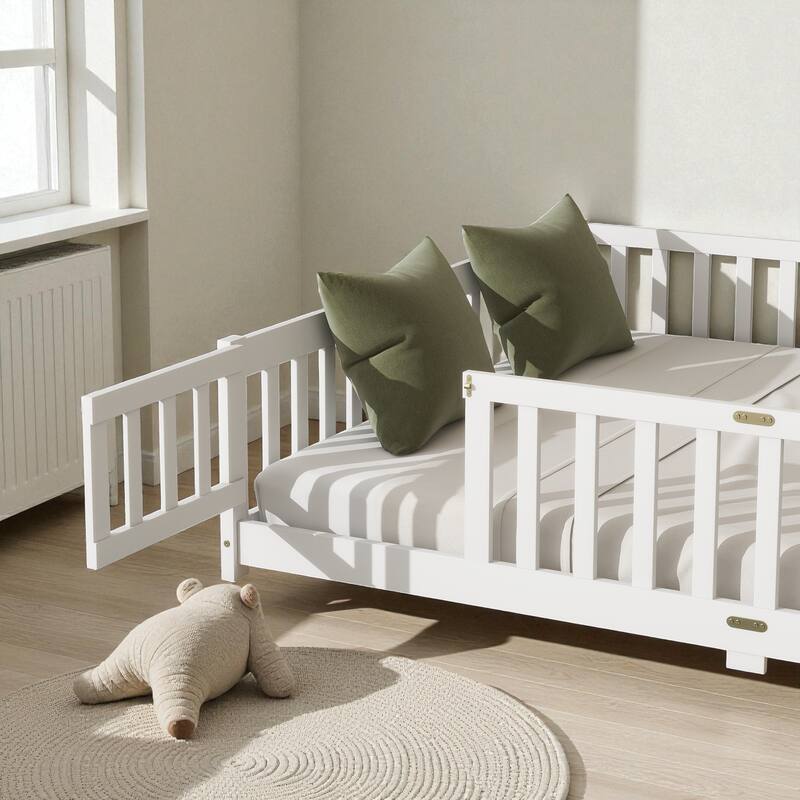 Queen Size Rubber Wood Floor Bed with Fence and Door, Montessori Platform Bed with Safety Guardrails for Kids