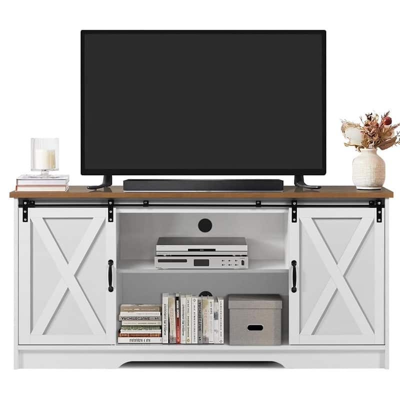 Modern Farmhouse Wood TV Stand for TVs up to 58 inches, with Sliding Barn Doors, 3 Adjustable Shelves