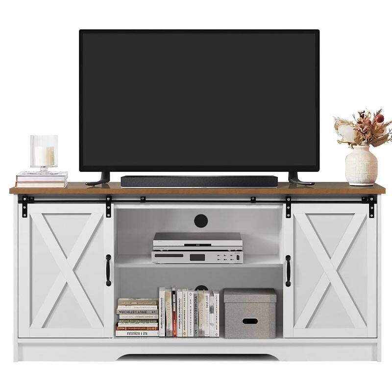 Wood Media Console Table, TV Stand with Sliding Barn Doors, Entertainment Center with Adjustable Shelves