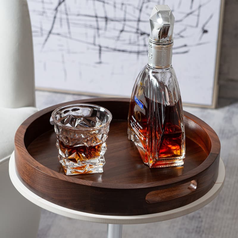 KINWELL Round Black Walnut Wood Serving Tray Ottoman Tray with Handles