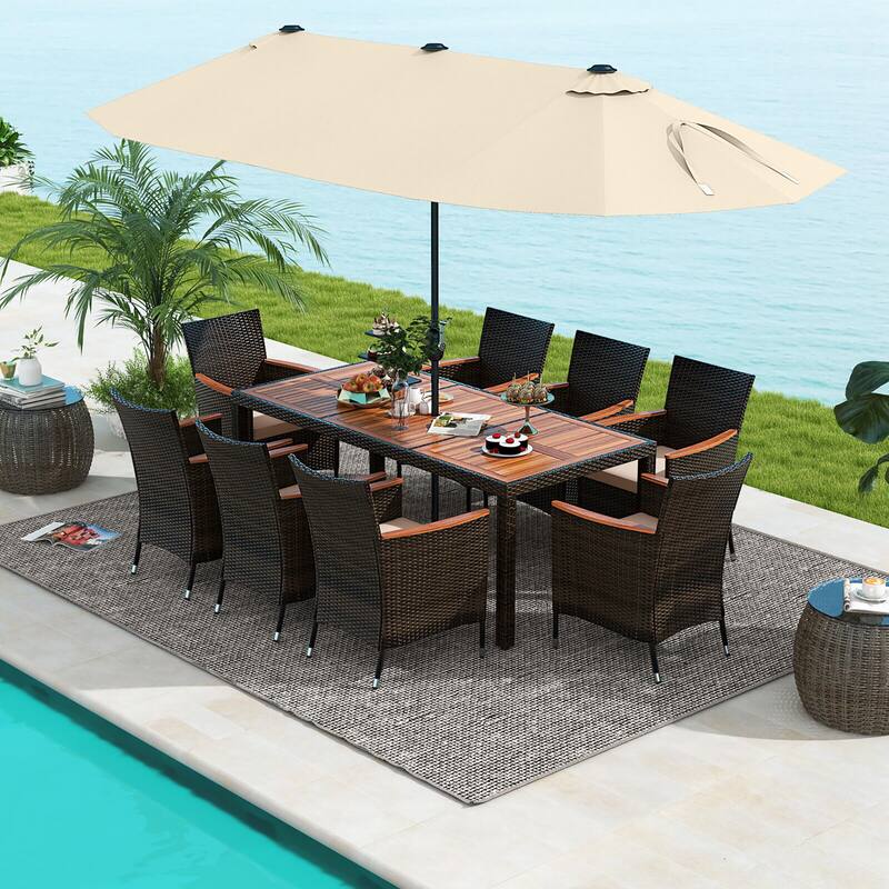 Gymax 9 Piece Patio Wicker Dining Set w/ Double-Sided Patio Beige