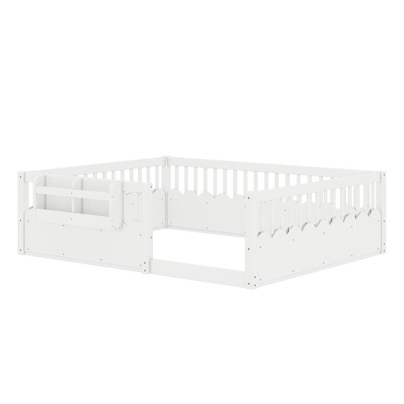 Roomfitters Queen Floor Bed with Bookshelf and Heightened Fence, Solid Wood Frame with Guardrails