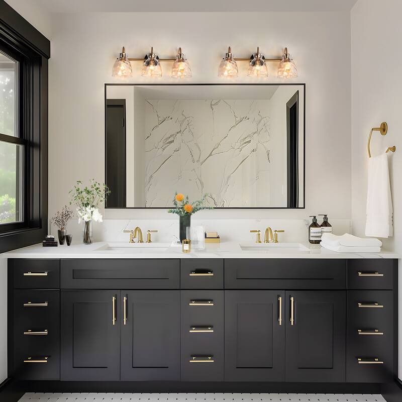 Elisie Modern Glam 3-light Bathroom Vanity Light Black Gold Sconce with Water Glass - L23" x W7.5" x H9"