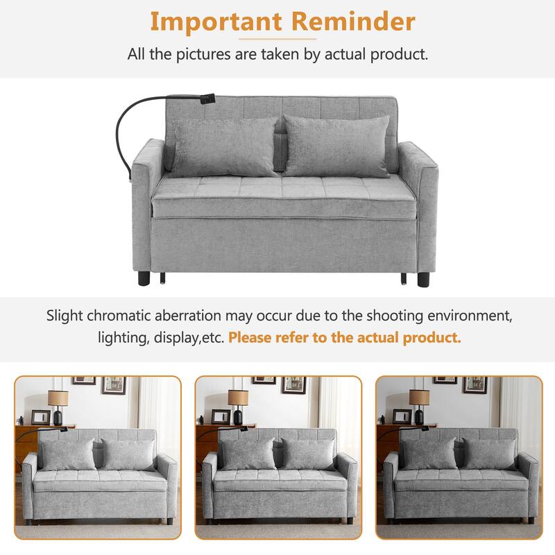 Roomfitters Loveseat Pull-Out Sofa Bed with Reversible Backrest Cushion, Side Pockets, USB Ports, and Phone Holder
