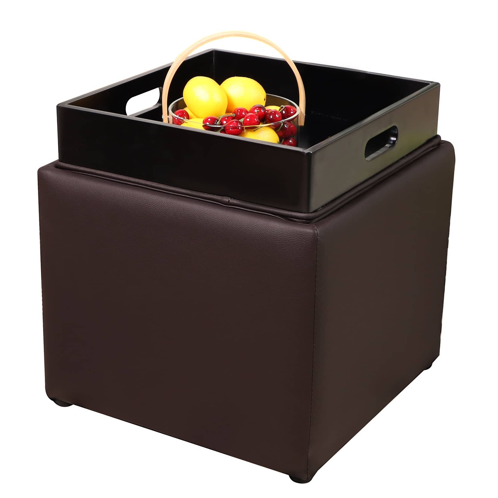 Square Storage Ottoman with Tray Faux Leather Upholstered Footrest