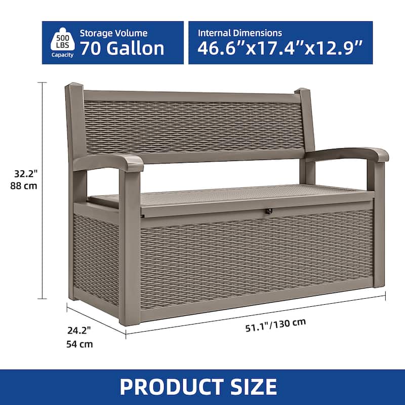 70 Gallon Storage Bench Deck Box for Patio Cushions, Garden Tools and Pool Supplies - 70 Gal