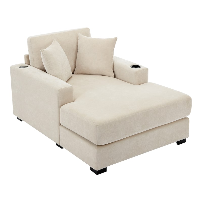 43.5" Chenille Fabric Chaise Lounger Sofa Couch with Pillows, Charge Station & Cup Holders