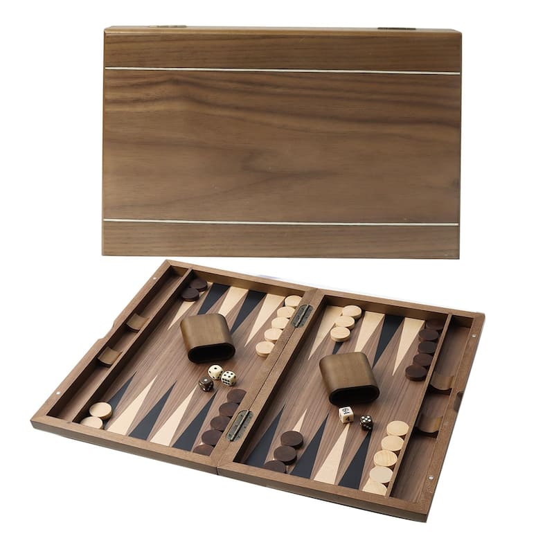 GSE™ 17" Premium Wooden Inlay Backgammon Board Game Set, Portable Folding Backgammon Board Game with Game Pieces - 17-Inch - Brown