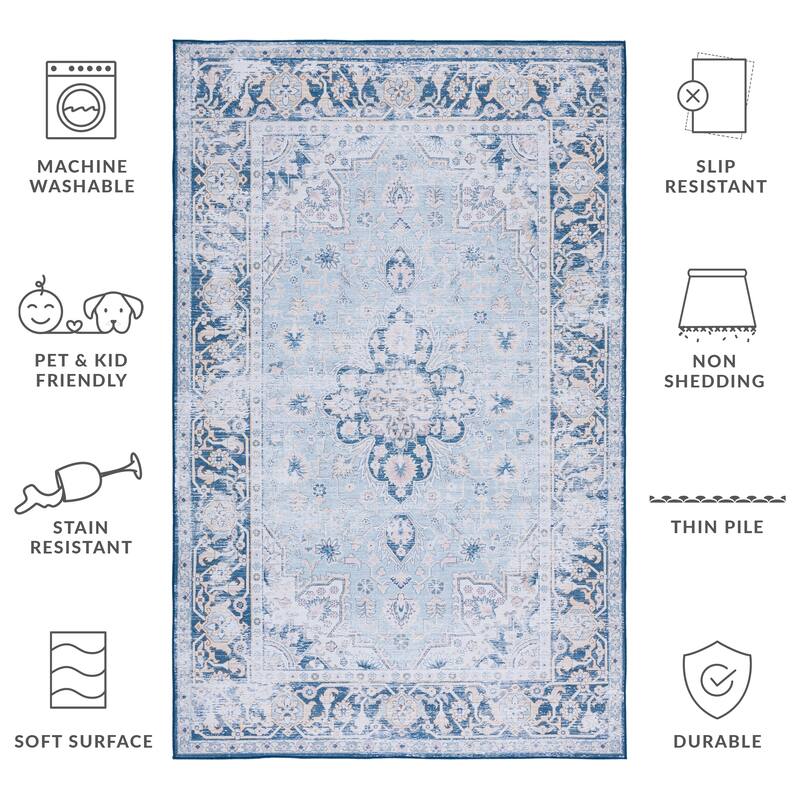 SAFAVIEH Tucson Machine Washable Slip Resistant Emmie Traditional Rug - 3' x 5' - Light Blue/Navy