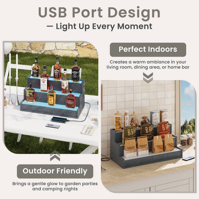 EROMMY LED Lighted Wine & Liquor Display Shelf with Remote, 3-Tier Tabletop Bar Rack, USB Powered