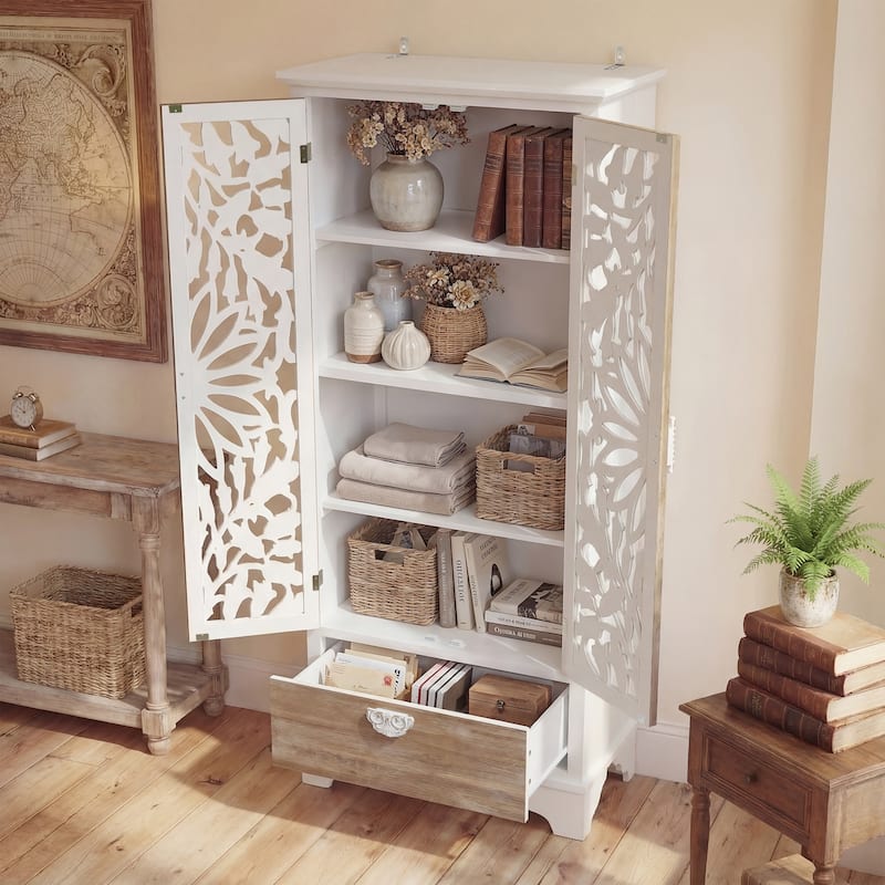 Solid Wood Tall Storage Cabinet, 31.5" Farmhouse Distressed White Carved Armoire with Shelves and Drawer - 31.5"x68.9"