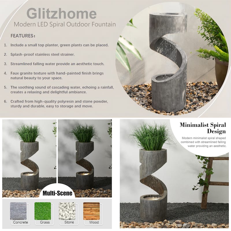 32-Inch Modern Polyresin LED Spiral Outdoor Fountain With Small Planter by Glitzhome