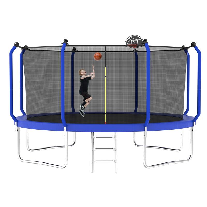 Outdoor Trampoline with Safety Net, Basketball Hoop & Ladder
