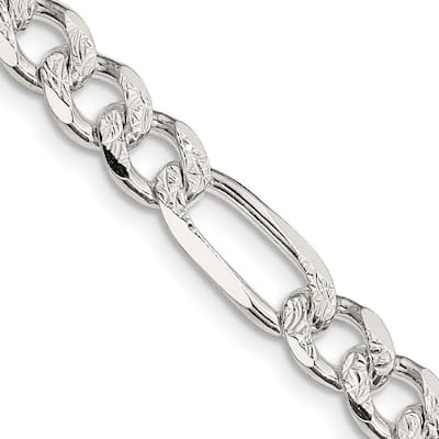 Curata 925 Sterling Silver Solid 7.25mm Pave Flat Figaro Chain for Men