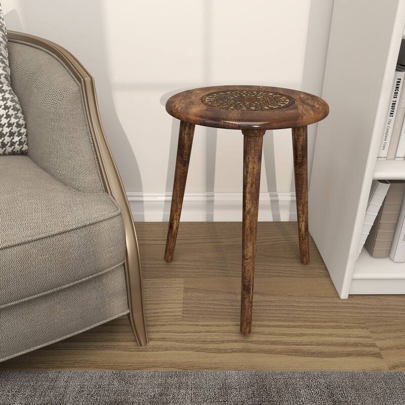 Mango Wood Handmade Intricately Carved Floral Accent Table with Tripod Legs - Dark Brown, White, Brown