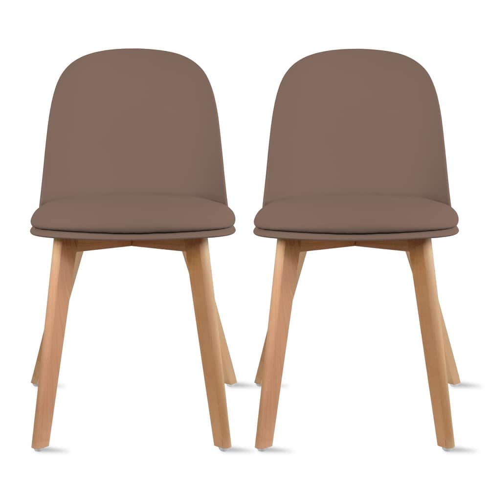 Set of 2 Plastic Dining Chairs Padded Cushion Faux Leather Wooden Legs For Kitchen Waiting Room Outdoor Party