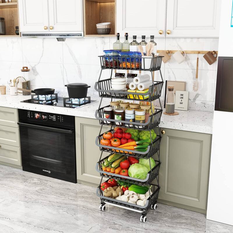 6 Tier Fruit Vegetable Basket for Kitchen, Fruit Vegetable Storage Cart/ Bins for Onions and Potatoes