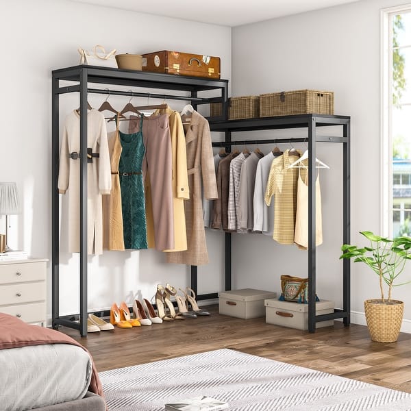 Tribesigns Free-standing Closet Clothing Rack, Metal Closet Organizer  System with Shelves and Hooks,Garment Rack Shelving for Laundry