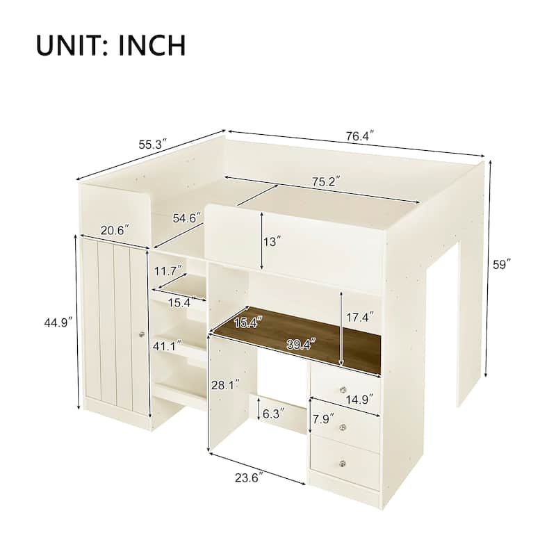 Wood Full Size Loft Bed with Built-in Wardrobe, Desk, Storage Shelves and Drawers, Beige - N/A