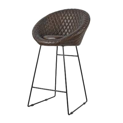 Leather Round Diamond Tufted Bar Stool with High Back and Black Metal Legs - Set of 2 Brown or Dark Brown - Roche River Decor