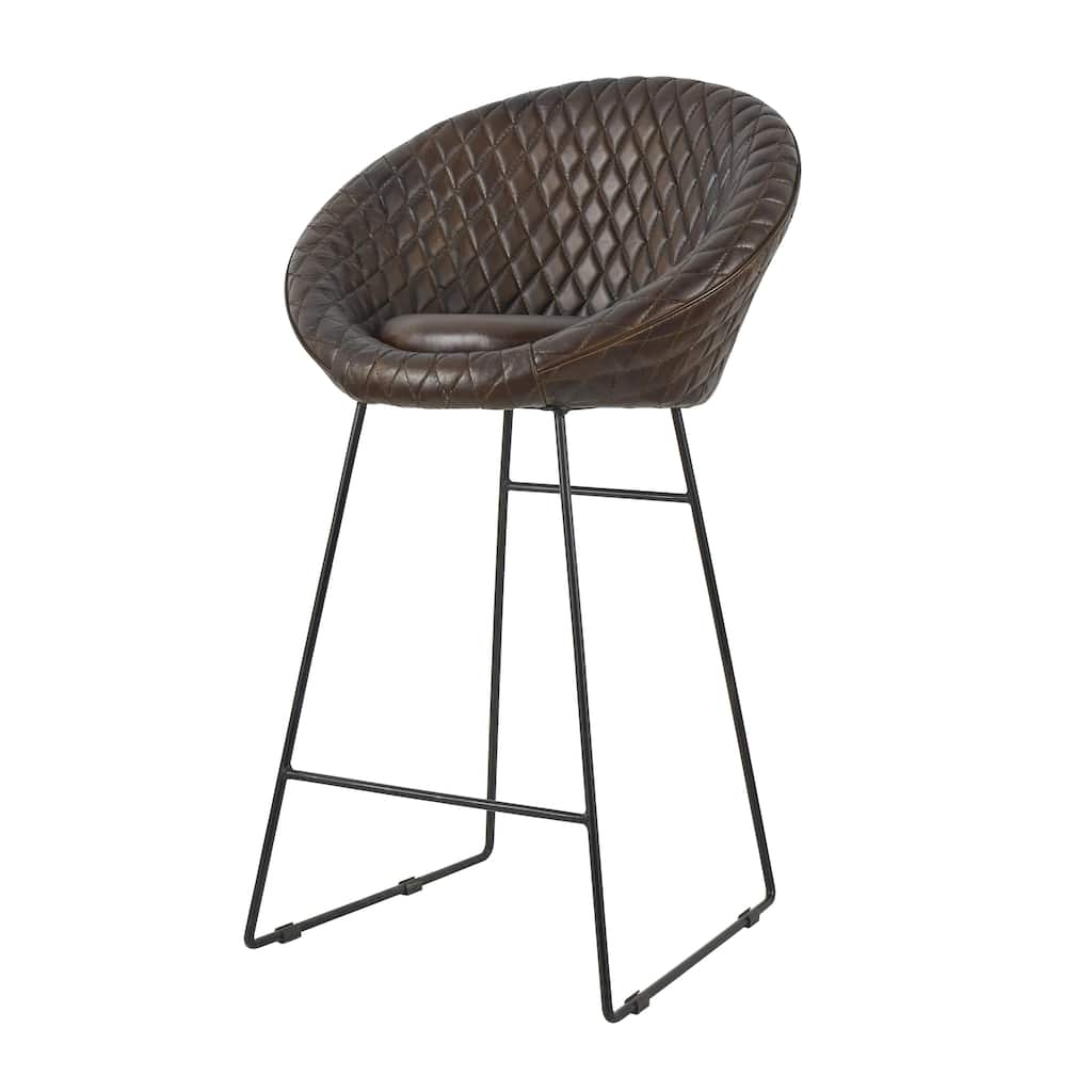 Leather Round Diamond Tufted Bar Stool with High Back and Black Metal Legs - Set of 2 Brown or Dark Brown - Roche River Decor