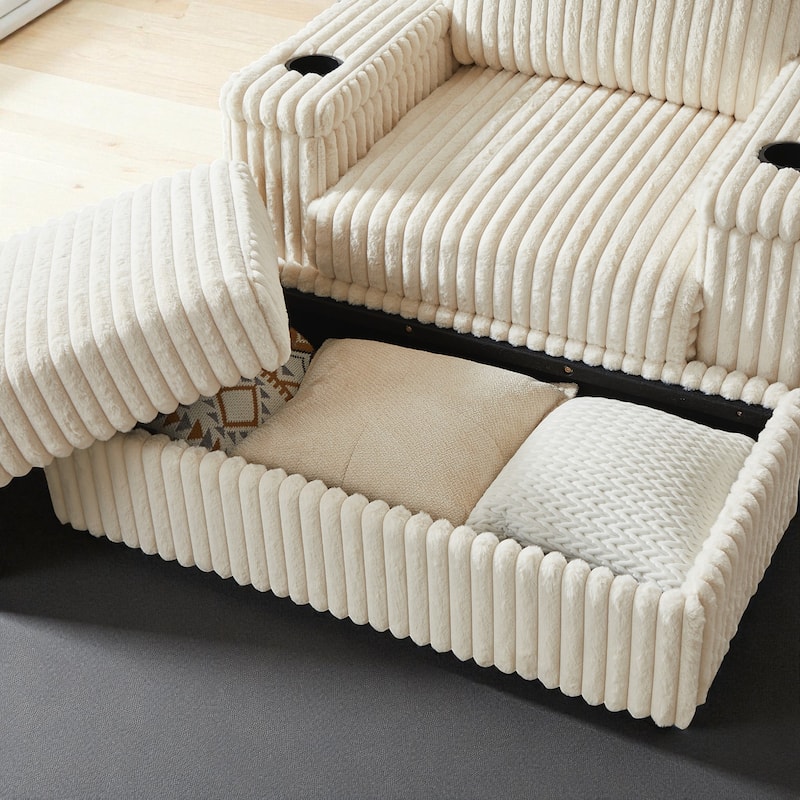 42.5" Corduroy Single Recliner Chair with Cup Holder, Storage Footrest, Armrest Storage and Backrest Pillow