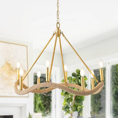 Modern Farmhouse Gold Natural Jute Large Candle Chandelier - 27.6 in. D x 27.6 in. W x 23.6 in. H