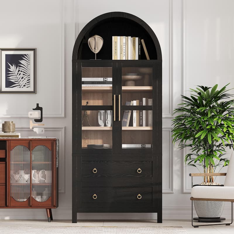 71" Tall Arched Kitchen Pantry Cabinet with 2 Large Drawers