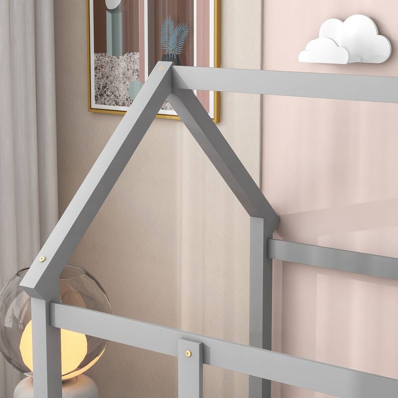 Twin/Full House Floor Bed for Kids, Wooden Montessori Bed Frame with Roof and Safety Guardrail for Boys or Girls, Twin/Full Size