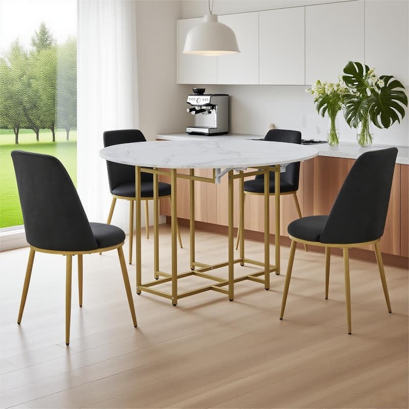 5-Piece Extendable Kitchen Dining Table Set, Round Faux Marble Top with Golden Frame and 4 Upholstered Chairs