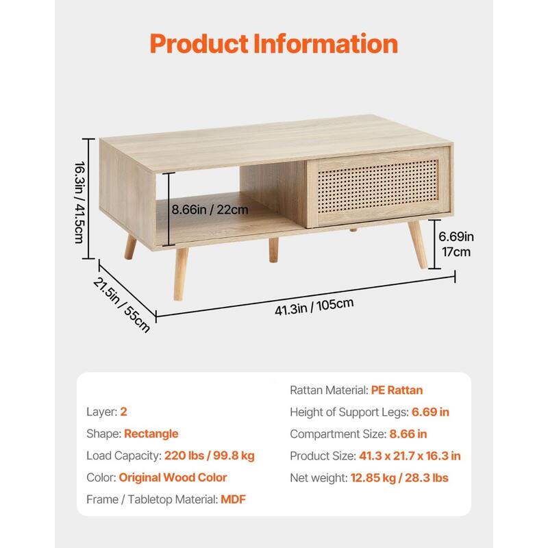 42 Inch Modern Rattan Rectangular Coffee Table with Sliding Doors for Hidden Storage and One Open Shelf - 41.3” x 21.7” x 16.3”