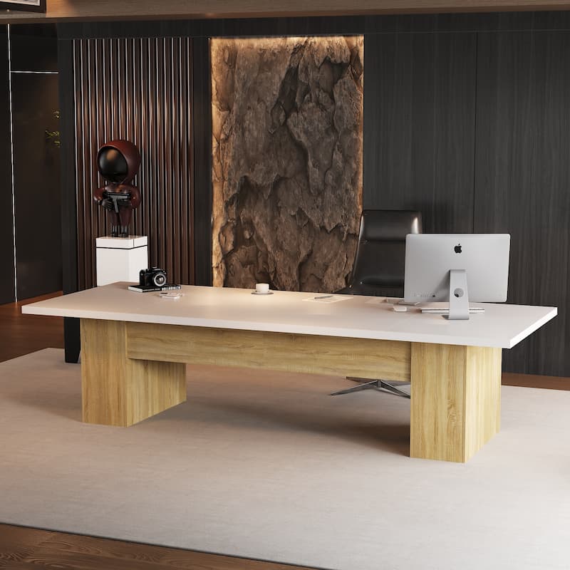 Extra Long Wood Rectangular Dining Table Meeting Table,Oak & White - 126"L