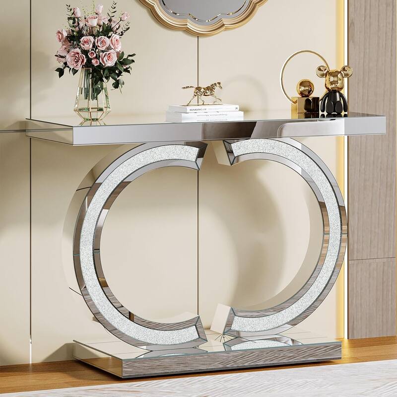 Mirrored Console Table with Sparkling Crystal Inlays - Silver