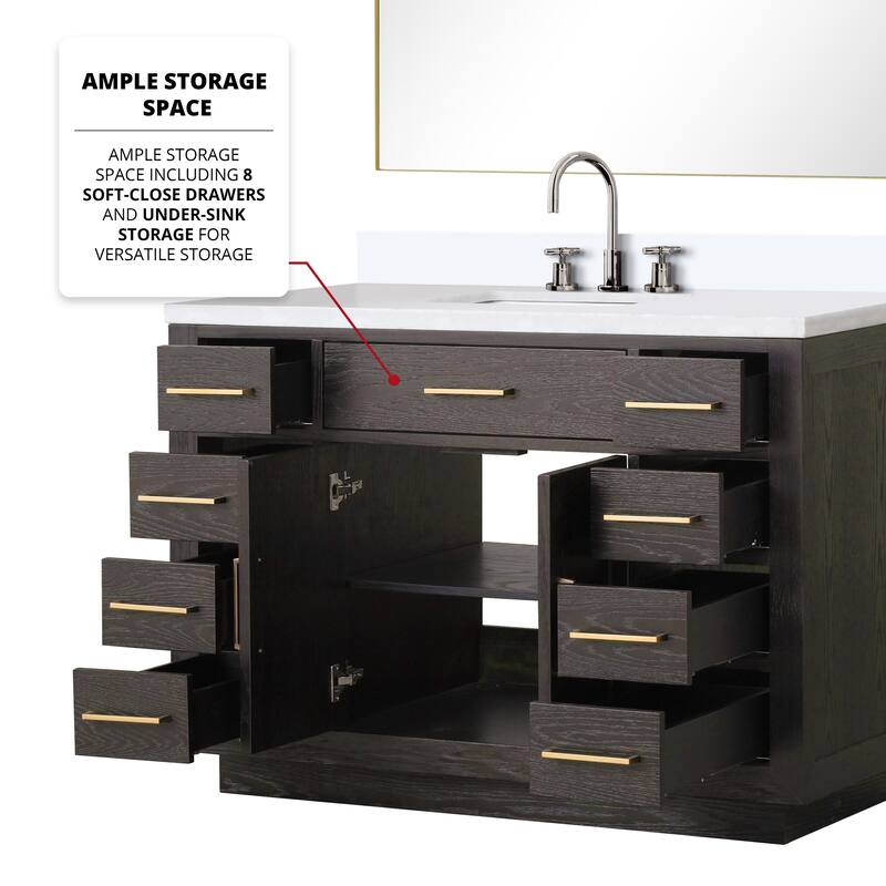 Abbey 48 in W x 22 in D Black Oak Single Bath Vanity, Cultured Marble Top, Faucet Set, and 46 in Mirror
