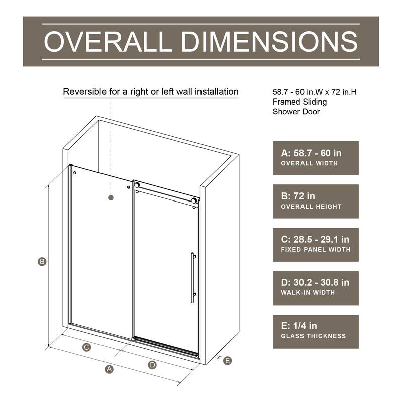 60"Wx72"H Sliding Shower Door,1/4" Clear Tempered Glass with Rollers - 60.in W x 72.in H