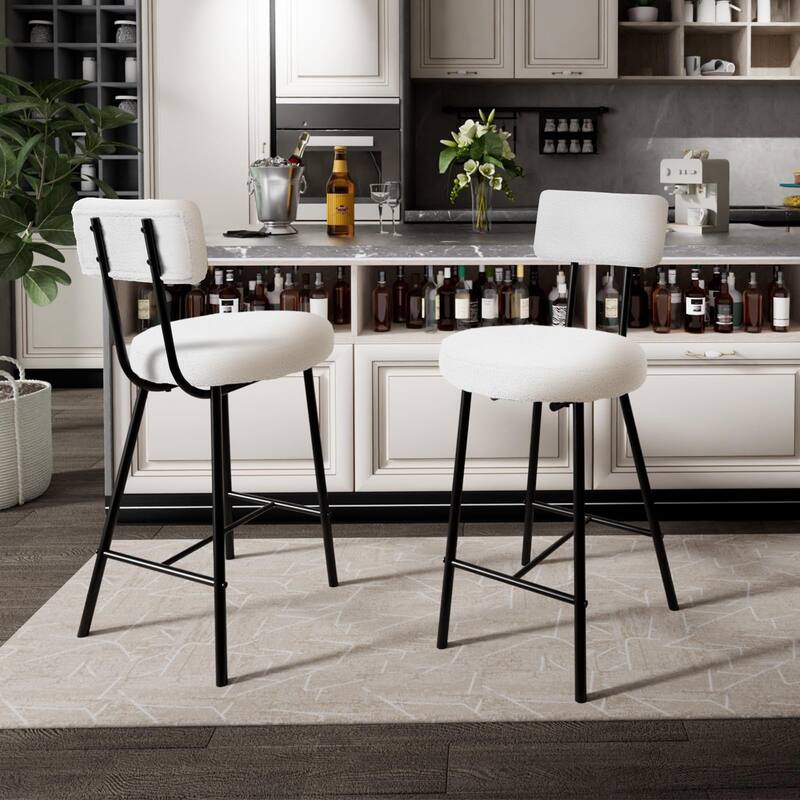 Boucle Upholstered Bar Stools Set of 2, Modern Counter Height Bar Chairs with High Back, Footrest and Metal Leg