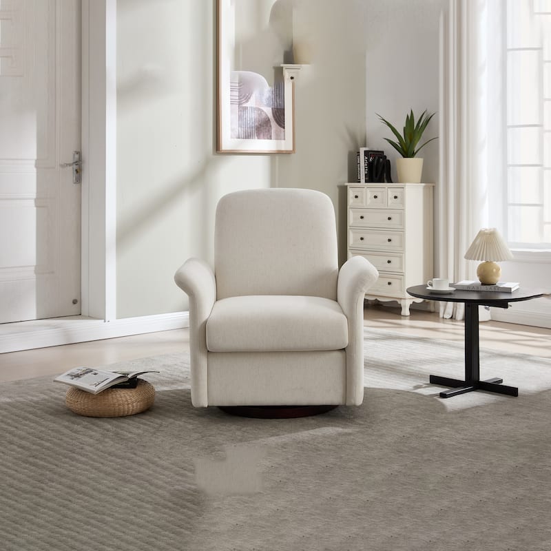 Linen Fabric Swivel Barrel Chair, Ergonomic Upholstered Single Sofa Chair, Lounge Armchair with Curved Back & Wood Base