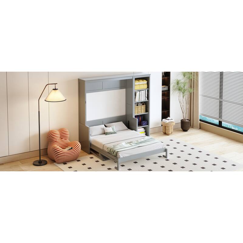 Space-Saving Full Size Murphy Bed with Built-in Desk and Bookshelves in Gray