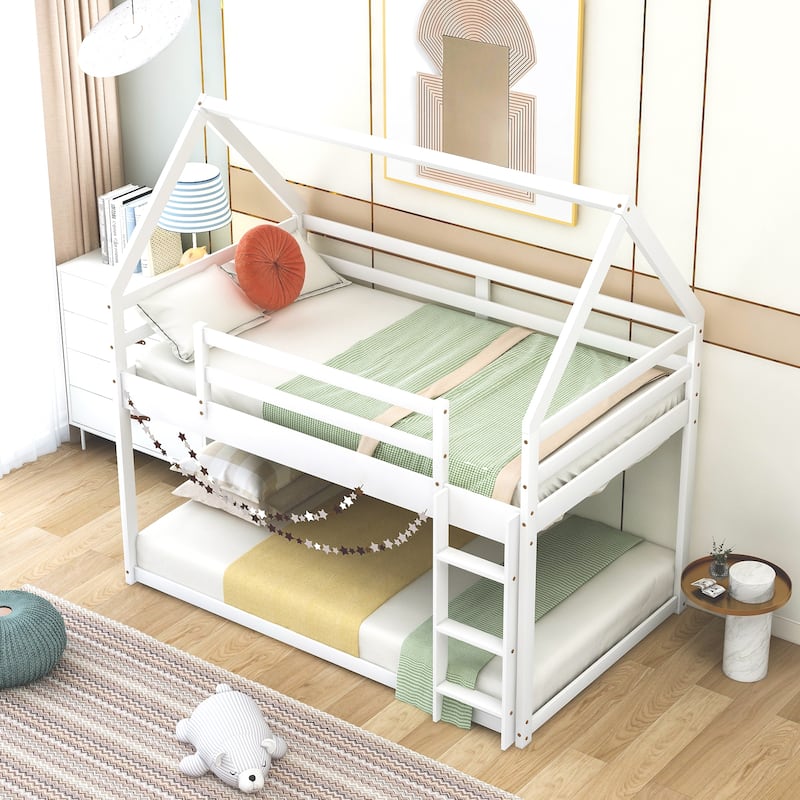 Twin Over Twin House Bunk Bed with Ladder, Low Bunk Design - White