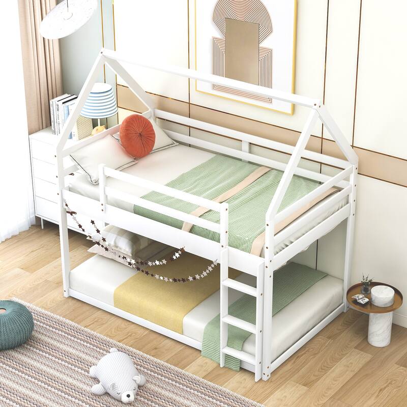Twin Over Twin Low Bunk Bed, House Bed With Ladder