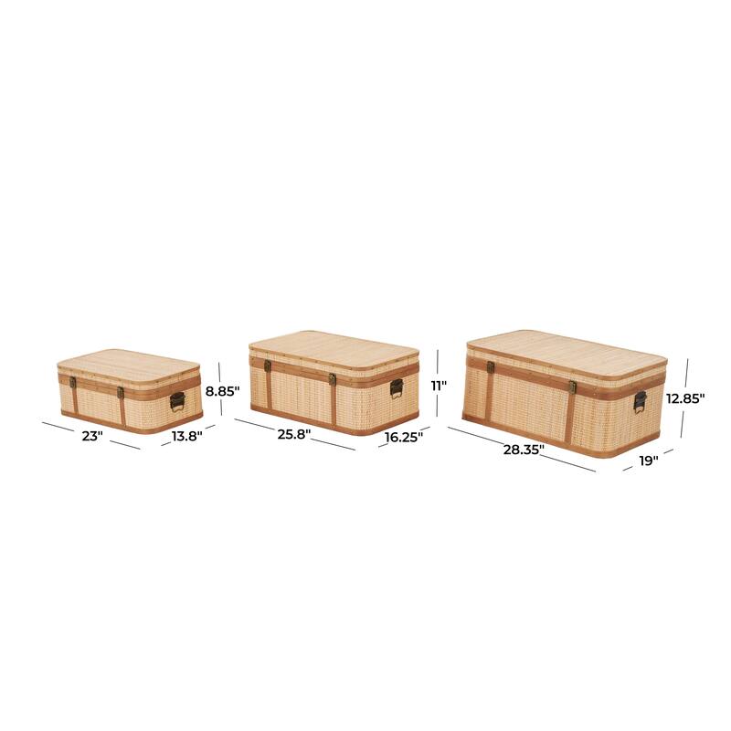 Rattan Woven Decorative Trunk with Brass Metal Latches and Brown Wooden Accents - Set of 3 Light Brown - Roche River Decor