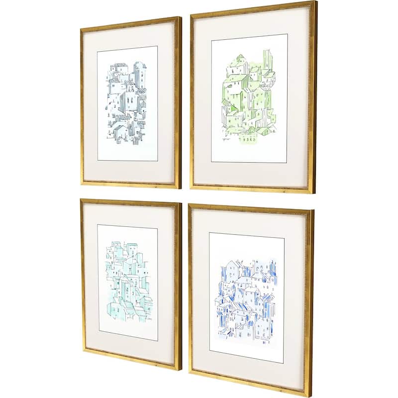 Watercolor Rooftops S/4 Framed Art Exclusive Giclee Under Glass