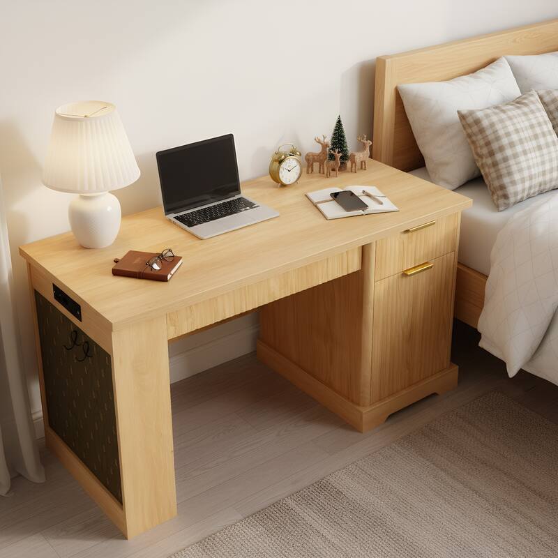 55" Modern Fluted Office Desk with Storage Cabinet & Drawers, Computer Writing Desk with Power Outlet, Pegboard