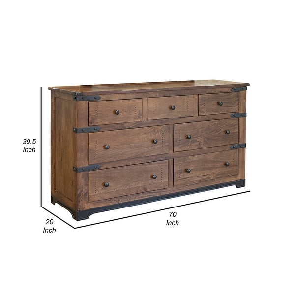 Umey 70 Inch Wide 7 Drawer Dresser with Iron Belt Accents, Brown Mango ...